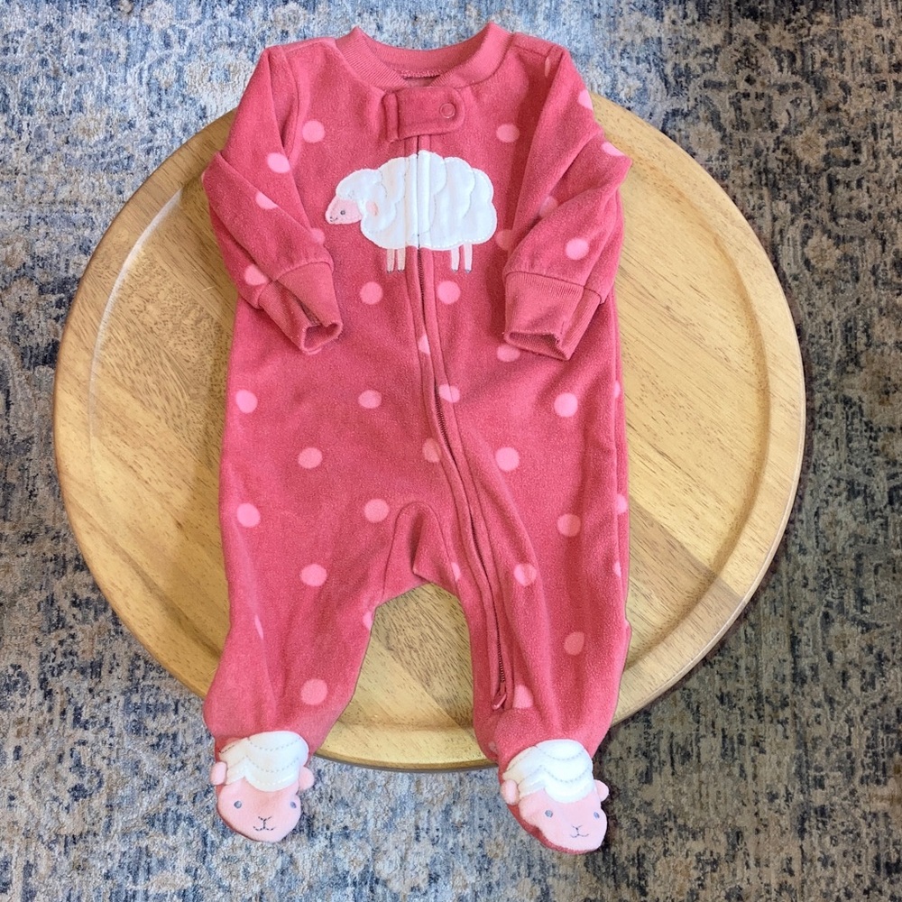 #39. Carter’s - Baby Pink Polka Dot Fleece One-Piece with Sheep Applique